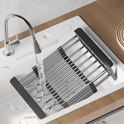 Extend Kitchen Sink Drain Basket,Stainless Steel Retractable Sink Rack,Over Sink Dish Rack,Portable Telescopic Kitchen Sinks Accessories,Extender Basket for Vegetables Fruits and Dishes(Black,Large)