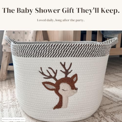 Deer Baby Storage Basket, Woven Cotton Rope Nursery Bin, 15x11 in | Stuffed Animal and Blanket Storage, Soft Felt Deer Patch, Woodland Nursery Decor, Kids Playroom Organizer