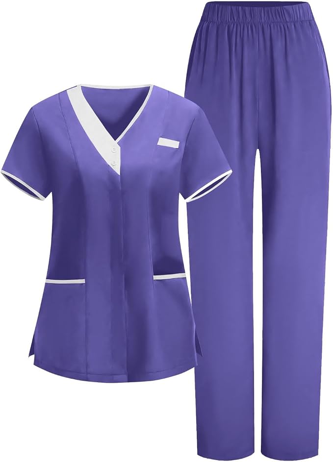 2026 Scrub for Cleaning Jobs Uniform, Multi Pockets Scrubs for Women Sets, V-Neck Top & Straight Leg Pants Scrubs Set