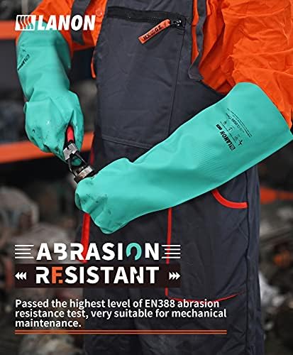 LANON 18" Long Nitrile Chemical Resistant Gloves,Unlined,Green,XLarge | Heavy-Duty Work,Cleaning,Dishwashing,Waterproof,Reusable,Comfortable,Durable,Non-Slip,Latex Free,Acid,Alkali & Oil Protection