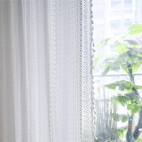 Sutuo Home White Boho Curtains Crochet Lace Semi-Sheer Bohemian Hollow Knitted Handmade Tassels, Rod Pocket Window Treatment Vintage Rustic Farmhouse Drapes for Glass Slide Door, 1 Panel 59" W x 90" L