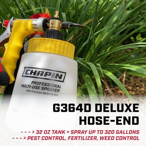 CHAPIN 32 oz Hose-End Sprayer, 6 Mixing Ratios for Precise Application | Chemical-resistant tank; sprays up to 320 gallons for standard garden hoses, fan nozzle and comfort-grip handle