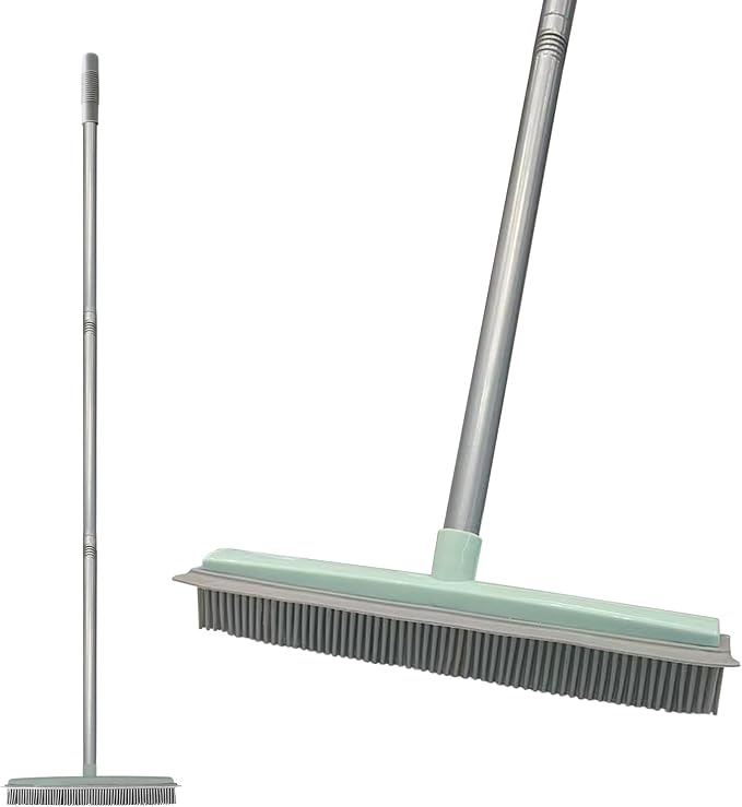 50" Carpet Rake Pet Hair Removal, Rubber Broom with Built-in Squeegee,Green | Multi-Surface Rubber Broom with Built in Squeegee Edge, Sweeps up Fur, Hair, and Debris on Tile, Wood, Vinyl, and Carpet