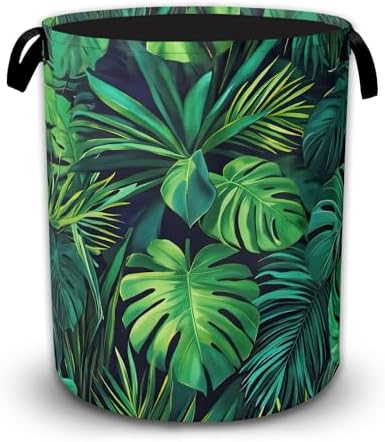 Tropical Palm Leaves Laundry Basket, Waterproof Foldable Laundry Hamper with Handles, Large Capacity Oxford Cloth Clothes Storage Basket for Bedroom Bathroom Dorm Room