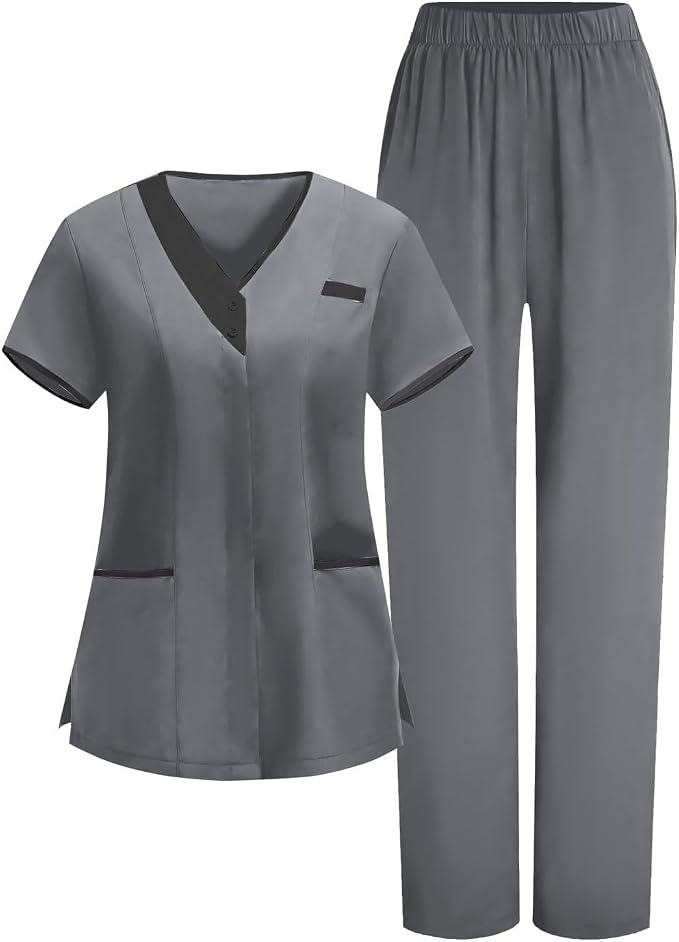 2026 Scrub for Cleaning Jobs Uniform, Multi Pockets Scrubs for Women Sets, V-Neck Top & Straight Leg Pants Scrubs Set