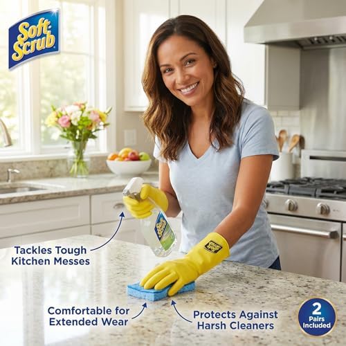 Soft Scrub Latex Cleaning Gloves – Medium Yellow Rubber Glove – Dishwashing Glove and Gardening – Cleaning and Plastic Gloves Guantes – Pack of 6