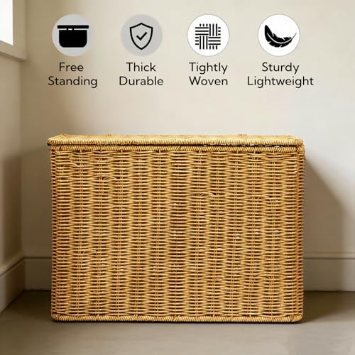 Pumtus Woven Storage Basket with Lid, 3 Gallon Decorative Plastic Organizer Box with Handle, Rectangle Narrow Tall Trash Can Toilet Paper Holder, Household Container Bin for Wardrobe, Magazines, Toys