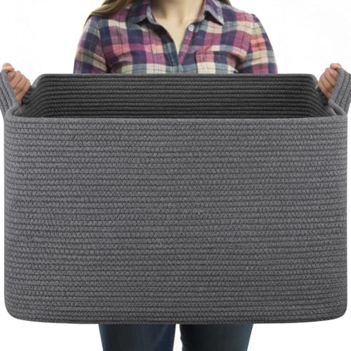 OIASKET 95L Large Blanket Basket, Blanket Storage Living Room, Rectangle Woven Baskets for Storage Toys, Towels, Dirty Clothes Organizer Bins (Dark Grey)