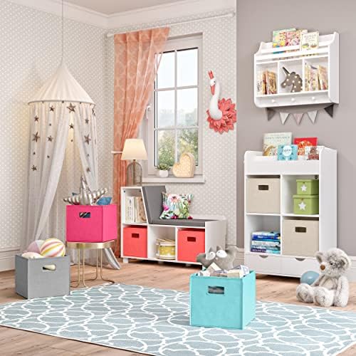 RiverRidge Folding Storage Bins - 4-pack of 10in Tall Aqua Cubes | Fabric Bins, Set of 4 Storage Cubes, Cut-out Handles, Playroom Closet Organizer, Collapsible Cubby with Bottom Board Insert