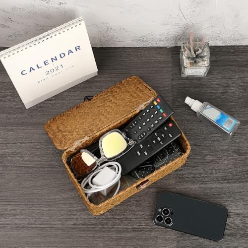 Sumnacon Small Wicker Basket with Lid,Tampon Holder for Bathroom,Caramel,XS | Natural Seagrass Female Product Organizer for Toiletries Pad Tampon Storage,Farmhouse Woven Baskets for Shelf, Toilet Tank