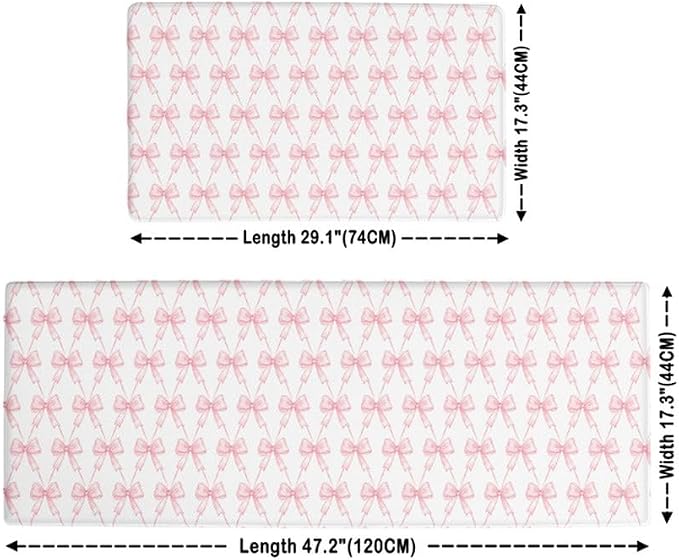 Feelyou Pink Bow Kitchen Rugs 2PCS Cute Bowknot Kitchen Mats Cushioned Anti Fatigue Girls Bow Non-Slip Standing Desk Mat Waterproof Floor Rug Set,17.32x29.53+17.32x47.24 inch
