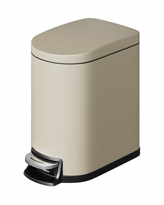 GarveeHome 1.6 Gal Step-On Trash Can, Stainless Steel Small Bathroom Garbage Bin with Soft Close Lid, Slim Space-Saving Design, Removable Inner Bucket for Bathroom, Bedroom, Office, Sand Beige