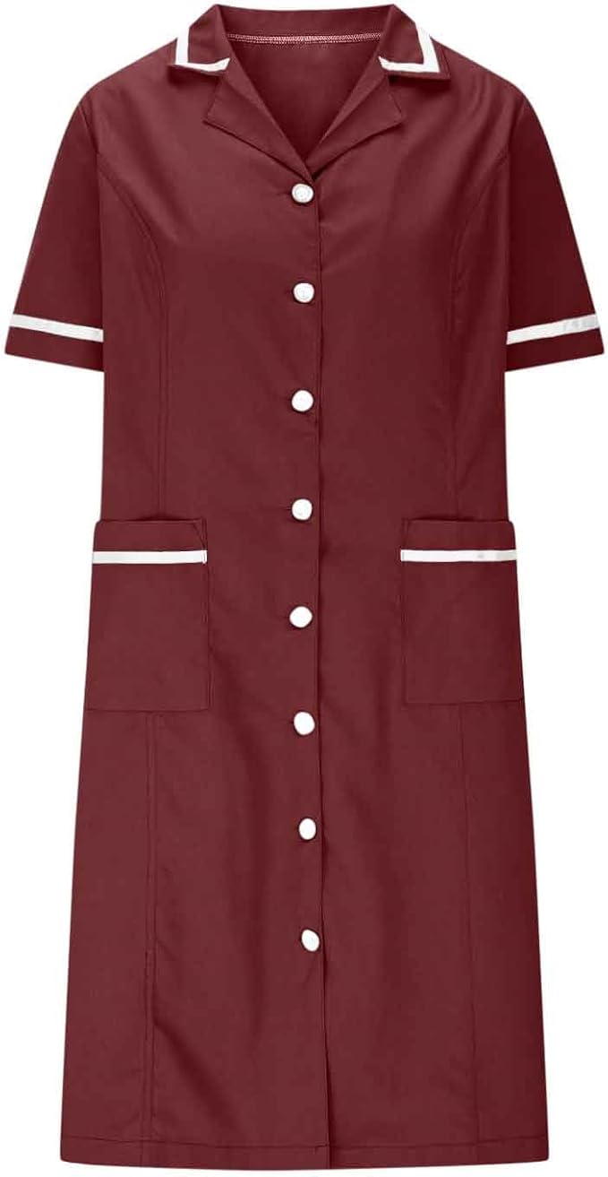 Women's Short Sleeve Work Dress Lapel Button Front Nursing Workwear Casual Housekeeping Scrubs Dress with Pockets