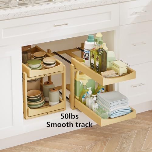 Bamboo Under Sink Organizer Adjustable Height 2 Tier Bathroom Organizer Pull Out Cabinet Storage Kitchen Heave Duty Wood Slide Ou Shelf for Kitchen Bathroom (Black, 2 Packs) (Nature, 2 Packs)