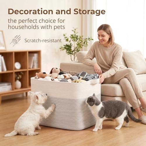 OIASKET 108L Cotton Rope Storage Basket for Living Room and Bedroom 25"x16"x16" Woven Laundry Basket, Heavy Duty Bin for Blankets, Pillows & Toys, Pet-Safe & Scratch-Free, Black and White