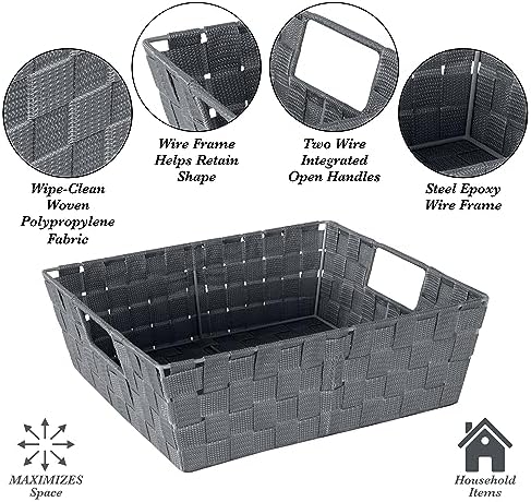 Simplify Large Shelf Woven Strap Tote | Decorative Storage Basket | Built in Handles | Organization | Closet | Bedroom | Bathroom | Nursery | Accessories | Toys | Gifts | 2 Pack | Grey