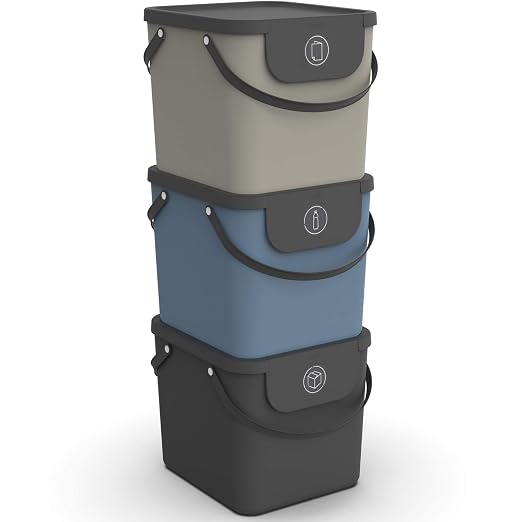 Rotho Albula Set of 3, Waste Separation System, 40 L for The Kitchen, Plastic (PP) BPA-Free, Anthracite/Blue/Cappuccino, 3 x 40 L (40.0 x 35.8 x 34.0 cm) | Rubbish Bin, Kitchen Waste Bin, Recycling Bin, Lid, Stackable, Long Handles, Easy Opening When S...