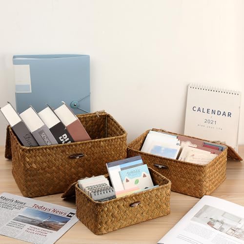 Sumnacon Wicker Basket with Lid, Rectangle Woven Tampon Holders, Caramel | Natural Seagrass Female Product Organizer for Toiletries Pad Tampon Storage,Farmhouse Woven Baskets for Shelf, Toilet Tank