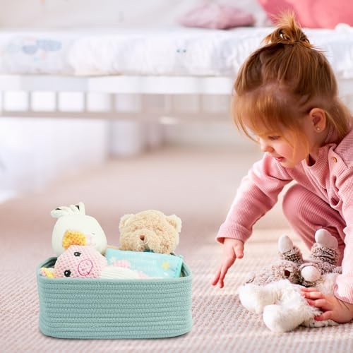 XUANGUO Small Woven Storage Baskets for Shelves, 12" x 8" x 5", Green | Decorative rope storage bins for closets and toy storage; cute organizer baskets, empty gift baskets and nursery storage.