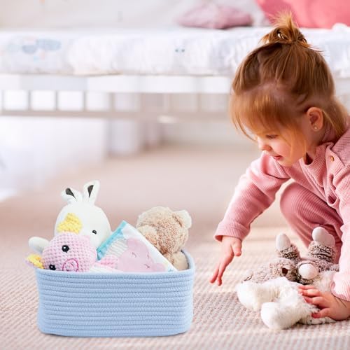 XUANGUO Small Woven Storage Baskets for Shelves, 13" x 9" x 5", Blue | Decorative rope storage bins for closets and toy storage; cute organizer baskets, empty gift baskets and nursery storage.