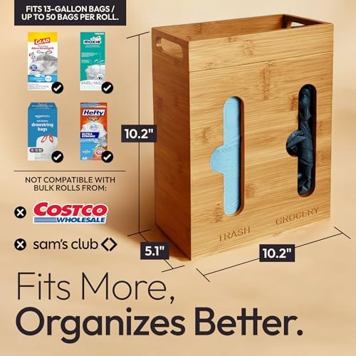 Under Sink Organizer for Kitchen Cabinet - Bamboo Trash Bag Dispenser & Bag Holder – Pantry Organizer & Garbage Roll Holder for Cleaning Supplies, Apartment Essentials & Home Organization
