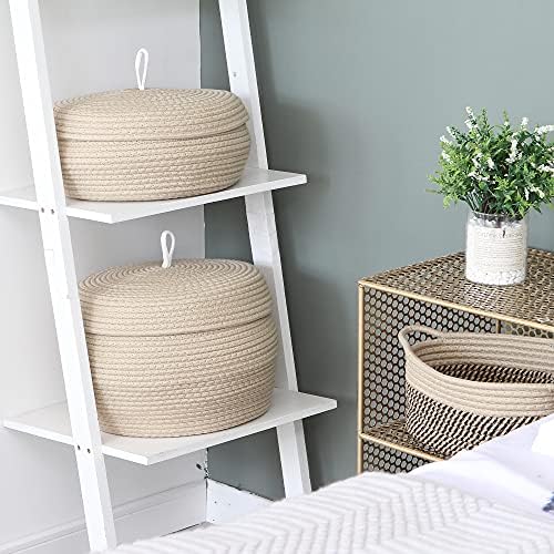 Sea Team Round Woven Cotton Rope Storage Basket with Lid, Khaki | Lidded Knitted Decorative Storage Bin, Pot, Caddy, Organizer, Container for Snacks, Towels, Plants, 13 x 9 Inches