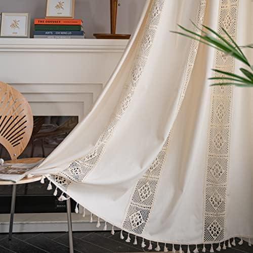 Sutuo Home Boho Curtain Crochet Lace Patchwork Semi-Blackout Bohemian Handmade Tassels, Rod Pocket Window Treatment Vintage Rustic Farmhouse Drapes for Living Bedroom, 1 Panel 59" W x 72" L, Beige