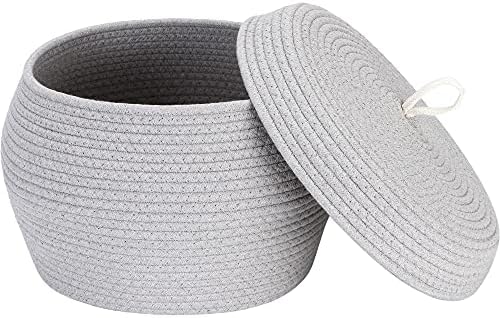 Sea Team Round Woven Cotton Rope Storage Basket with Lid, Gray | Lidded Knitted Decorative Storage Bin, Pot, Caddy, Organizer, Container for Snacks, Towels, Plants, 13 x 9 Inches