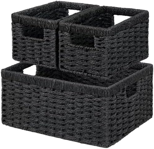 Vagusicc Wicker Storage Basket, Set of 3 Wicker Basket, Hand-Woven Paper Rope Storage Baskets for Organizing, Large Cube Storage Organizer Bins Baskets for Shelves Small Toilet Paper Baskets, Black