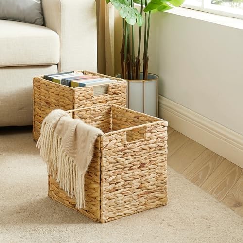 Vagusicc Storage Basket, Set of 2 Hand-woven Water Hyacinth Storage Baskets, Foldable Wicker Storage Basket 13 Inch Cube Storage Bins for Shelves Organizer Square Shelf Baskets, 13''x13''x13''