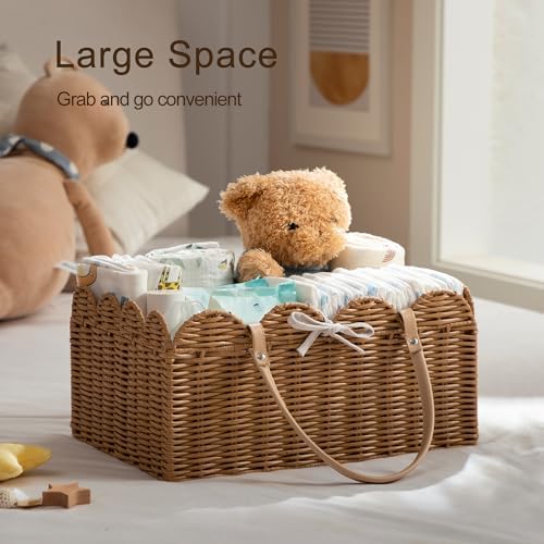 HBlife Baby Diaper Caddy Organizer, Portable Scalloped Plastic Wicker Woven Basket with Divider, Nursery Diaper Station, Baby Shower Gifts Basket, Car Organizer, Washable Waterproof