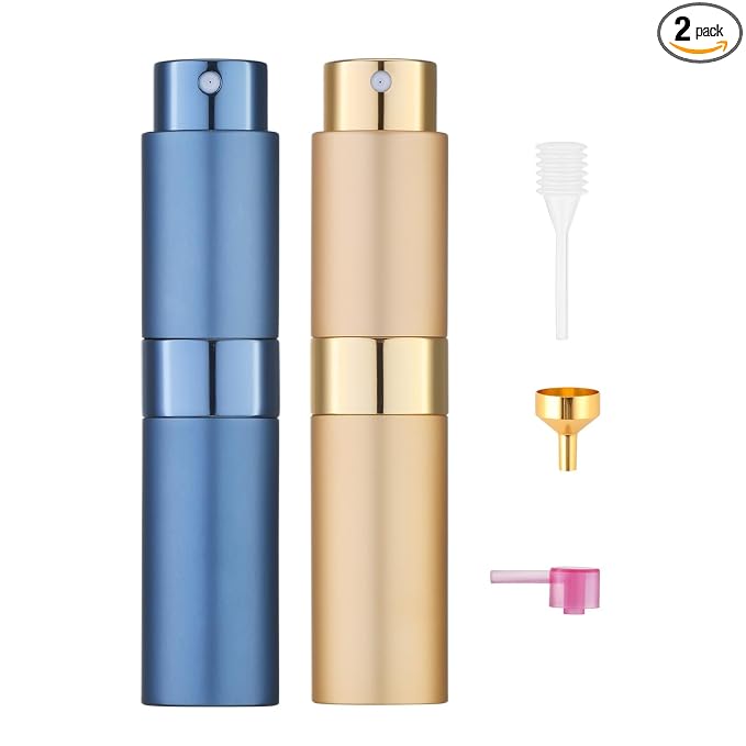 Tekson Travel Perfume Atomizer Refillable, 8ml Spray Bottle, Blue&Gold | Mini size cologne sprayer, empty fragrance container, fine mist, twist up, leak-proof, portable, for men & women, TSA