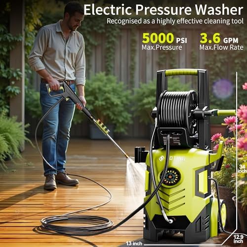 2026Upgraded Pressure Washer 5000PSI with Adj-8-Level Touch Screen, 34" Tall Power Washer, 4 Quick Connect Nozzles, Inlet Hose&Filter&500mlFoam Cannon for Cars/Fences/Driveways/Home Cleaning，Yellow