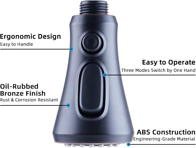 Hibbent Pull Down Spray Head for Kitchen Faucet, 3-Function Sink Nozzle | NSF/ANSI/CAN 61 & cUPC Certified Faucet Head Replacement, 15 Adapters, Compatible with Moen, Delta, Kohler, Oil-Rubbed Bronze