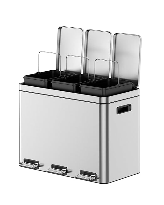 Garvee 12Gal 3-Compartment Kitchen Trash & Recycle Bin Stainless Steel | Fingerprint-Proof, Whisper-Quiet Soft-Close Lid, Removable Inner Buckets, for Kitchen & Office