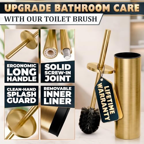 Gold Toilet Brush and Holder Set, Freestanding, Splash Protection | Stainless Steel Toilet Brush and Holder Set for Bathroom Cleaning; Dense Bristles; Removable Bowl; Detachable Long Handle