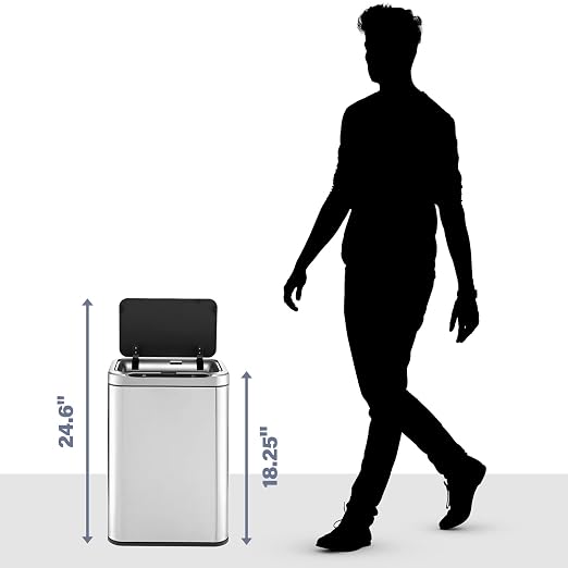 ELPHECO Stainless Steel Office Trash Can 6.6 Gallon Motion Sensor Garbage Bin Rectangular Automatic Touch Free Waste Bin for Hotel and Living Room | Automatic Garbage Bin Rectangular Touch Free Waste Bin for Hotel and Living Room, 2AA