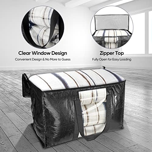 BALEINE 4-Pack Oversized Moving Bags with Reinforced Handles, Heavy-Duty Storage Tote Moving Supplies for Packaging, Camping (Black w/Window, 4-Pack)