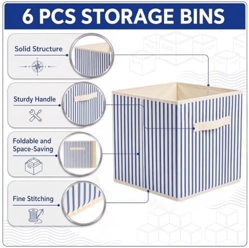 Amyhill 6 Pack Blue Striped Basics Collapsible Fabric Storage Bins | with Handles, Foldable Storage Cubes, 11 Inch, Closet Decorative Organizer, Baskets for Shelves Units, Home, Dorm