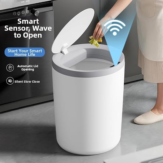 Automatic Smart Trash Can Sensor Motion Can with Lid for Bathroom Kitchen | Motion-sensing lid auto-opens within 11.8 inches, closes after 6s. Sealed odor block, low power, fit apartment hotel office.