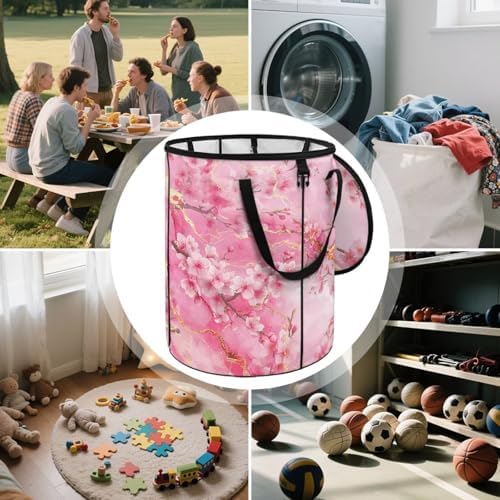 doginthehole Pink Marble Camping Trash Can Outdoor Peach Blossom Recycle Trash Can with Lid Large Garbage Storage Bag Large Oval Rubbish Bin for Camping Picnic Yard Beach, 22.83x17.71 in