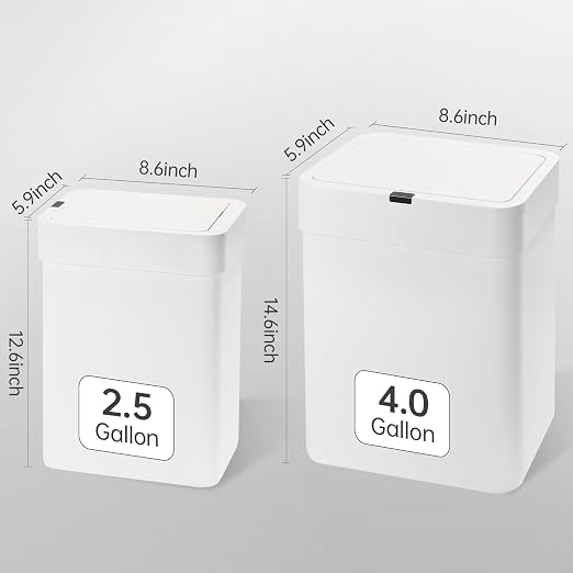 SYNCVIBE 2 Pack Bathroom Trash Can with Lid - 2.5 Gal and 4 Gal Motion Sensor Garbage Bin, Smart Rubbish Bin, Waterproof Slim Dustbin, Automatic Plastic Trash Can for Bathroom, Office, White