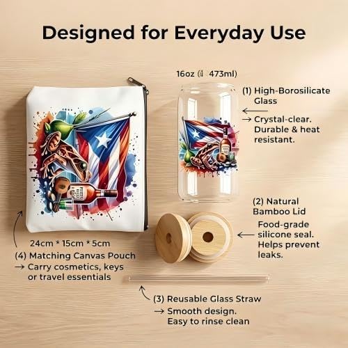 Puerto Rico Gifts, 16oz Glass Cup and Cosmetic Bag Set | Puerto Rico-Inspired Glass Cup With Bamboo Lid, Straw and Matching Cosmetic Bag for Iced Drinks, Travel and Everyday Gifts