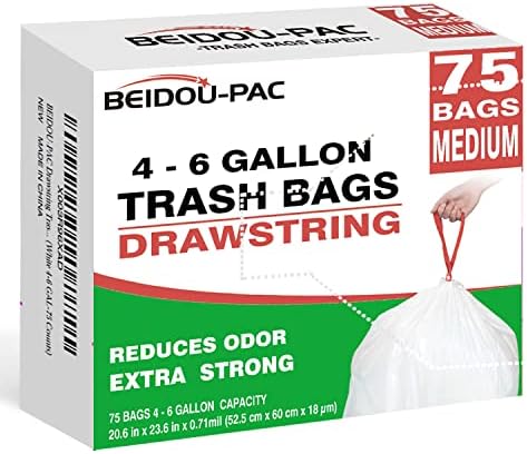 BEIDOU-PAC Trash Bags 4-6 Gallon Drawstring, 75 Count Garbage Bags, Medium Kitchen Trash Bags, Odorless & Heavy Duty White Plastic Food Scrap Bags for Bathroom Bedroom Office Waste