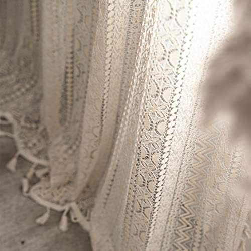 Sutuo Home Crochet Boho Curtain 63 Inches Length, Sheer Lace Handmade Tassels Knitted Window Treatment Vintage Rustic Bohemian Farmhouse Drape for Bedroom Rod Pocket 1 Panel 59" W x 63" L, Beige Wave