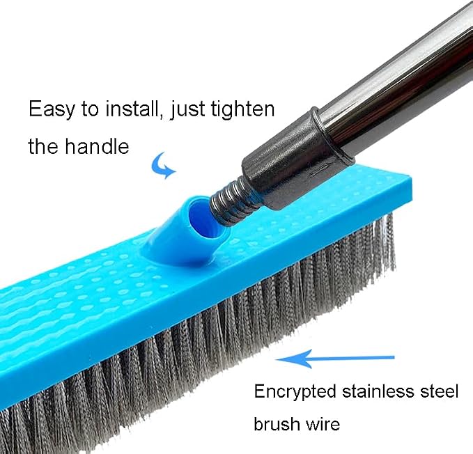 65" Long Handle Pool Brush - Heavy Duty Stainless Steel Wire Bristle Scrubber for Concrete Floor, Patio, Swimming Pool - 45° Angled Head, Long Handle Deck Broom