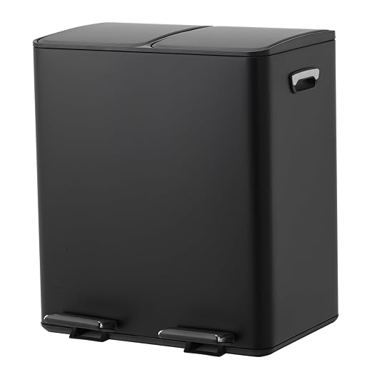 5gal Stainless Steel Double Trash Can with Lid for Kitchen, Large Dual Trash and Recycle Bin Combo, Step-on Kitchen Metal Garbage Cans, PP Inner Buckets, Liner Rim, Black