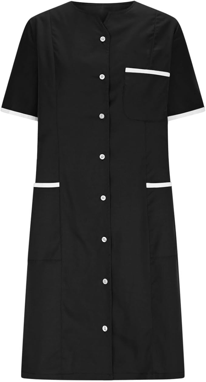 Scrubs Dress for Women - Button Front Nursing Workwear - Casual Housekeeping Dresses with Pockets