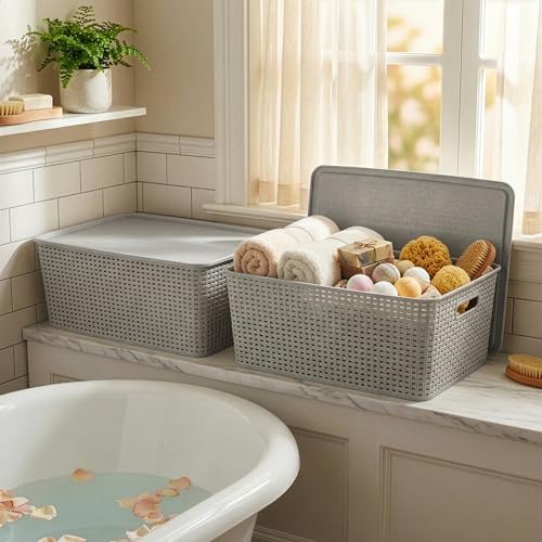 BINO | Plastic Storage Baskets with Lids, 33 Liter - 3 Pack, Natural Grey | THE WOVEN COLLECTION | Storage Basket for Shelves | Woven Storage Baskets for Organizing Bins | Pantry Shelf Organizer Bin