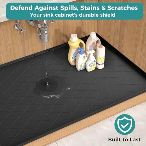 URMONA Under Sink Mat 31 x 22 in, Waterproof Silicone Cabinet Protector | Waterproof, Oil-Resistant, Raised Edge, Cabinet Liner, Shelf Protector, Pet Food Mat, Storage Mat, Easy to Clean, Black